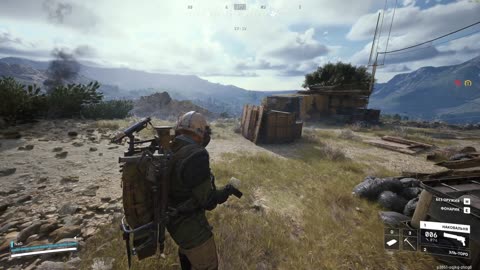 Arc gameplay still — destroyed tank in distance, character with mounted weapon foreground