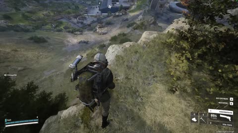 Arc gameplay still — over-the-shoulder cliffside view of character looking down at scene below