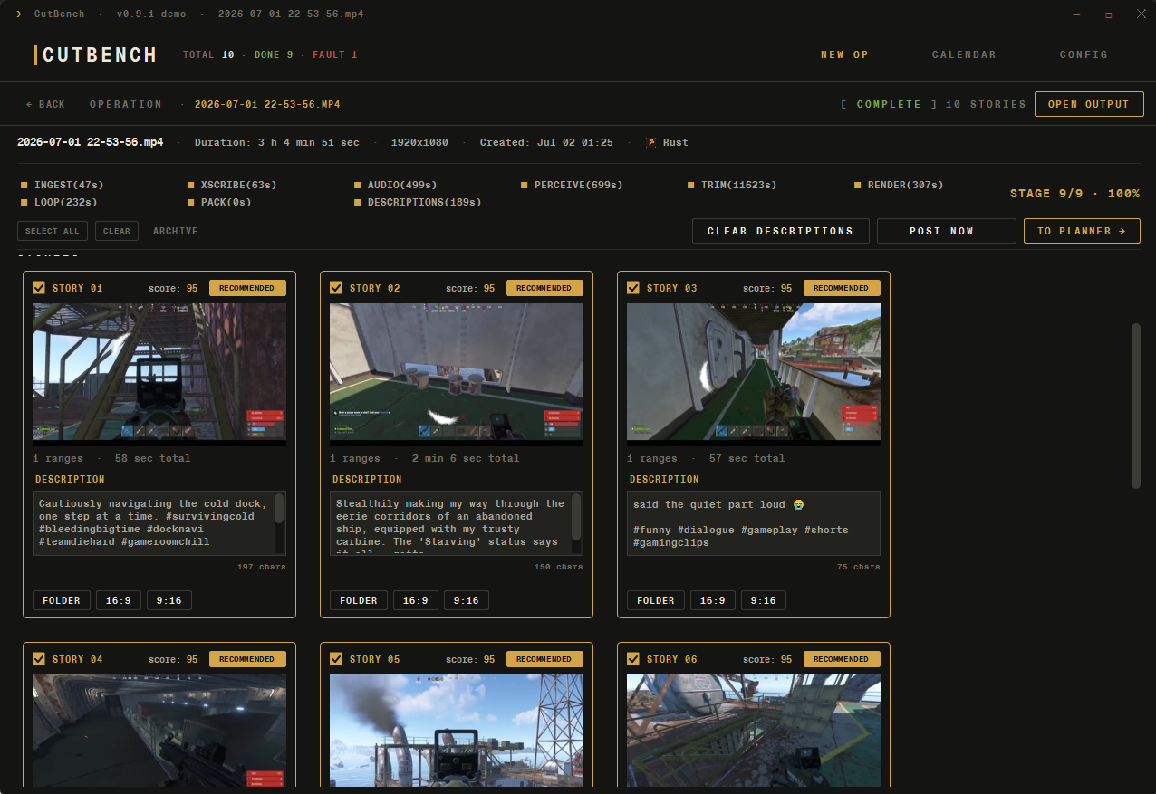 The CutBench app: a 3-hour Rust session ranked into short vertical clips with hooks, captions, and hashtags, ready to post